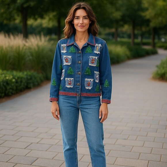 Vintage New Direction Womens Large Blue Button Up Christmas Holiday Denim Jacket - Picture 1 of 10